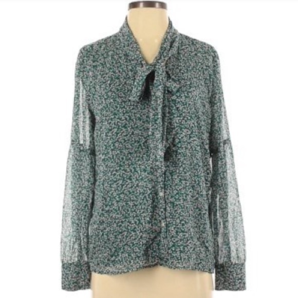 LOFT Tops - Loft Green Multi Cherry Floral Printed Sheer Long Sleeve Tye Neck Button Blouse